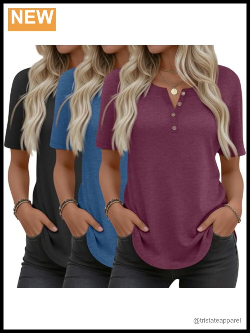 3 Pack Women's Henley Shirts Tunic Tops Curved Hem Short Sleeve